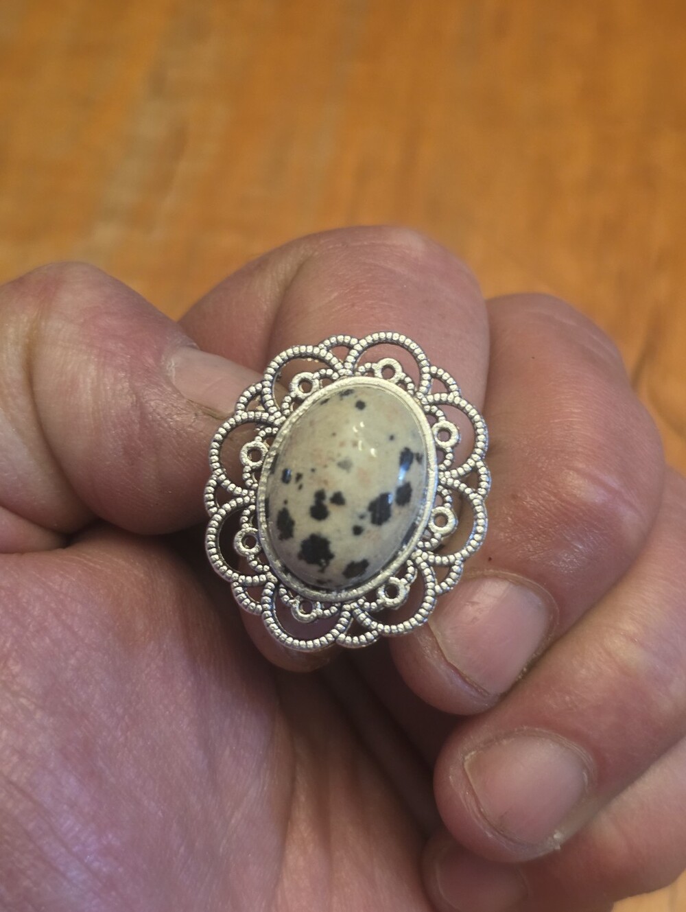 Dalmatian jasper stone in an ornate, scalloped filigree setting Adjustable Ring